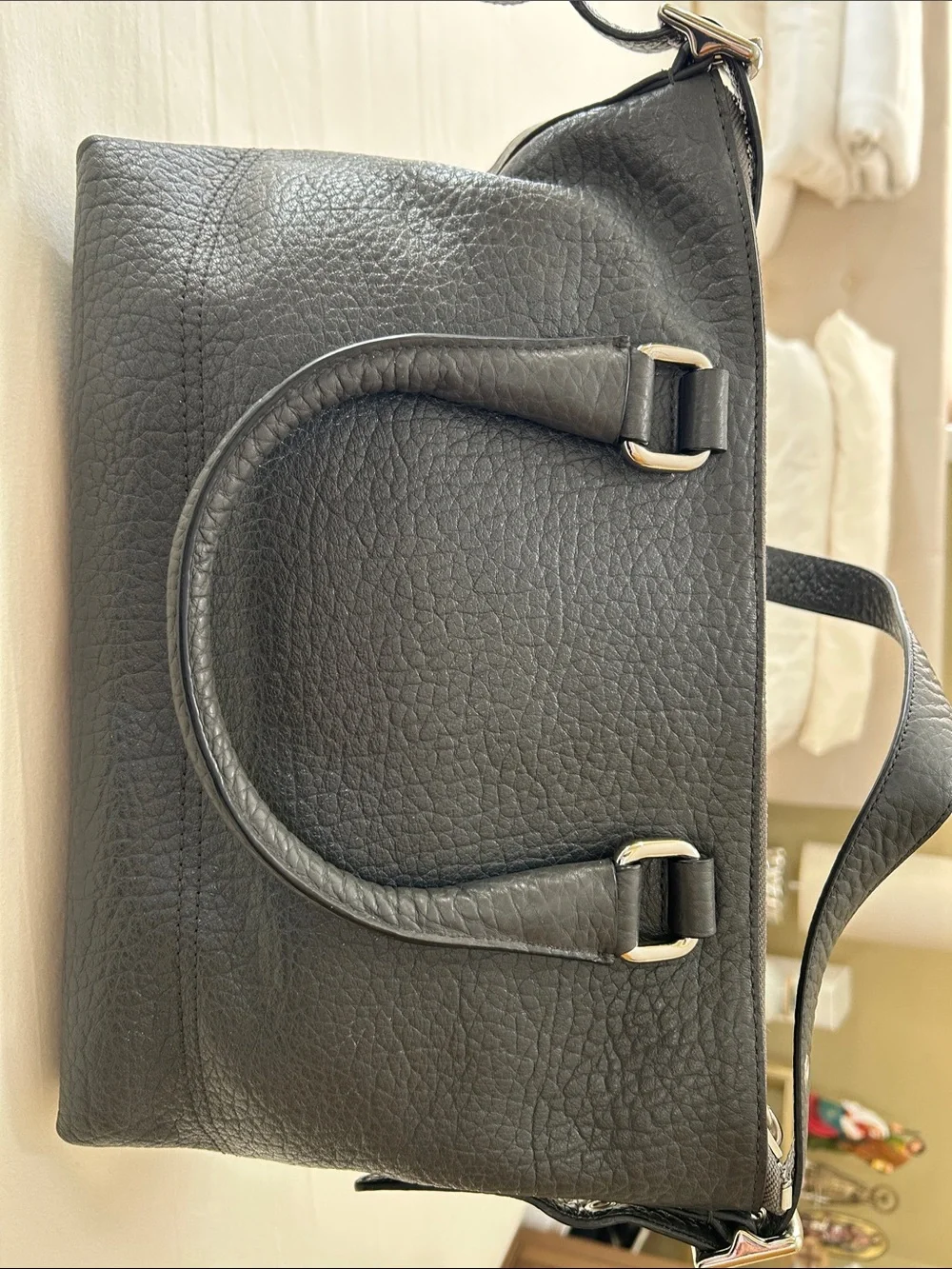 COACH Charcoal Grey Pebbled Leather Satchel with Pink Trim